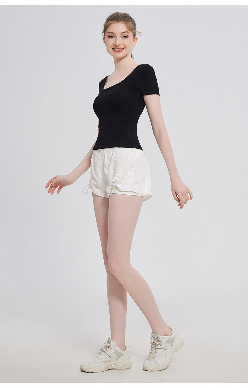 U자형 백리스 브라캡 일체형 슬림핏 반팔 운동 티셔츠